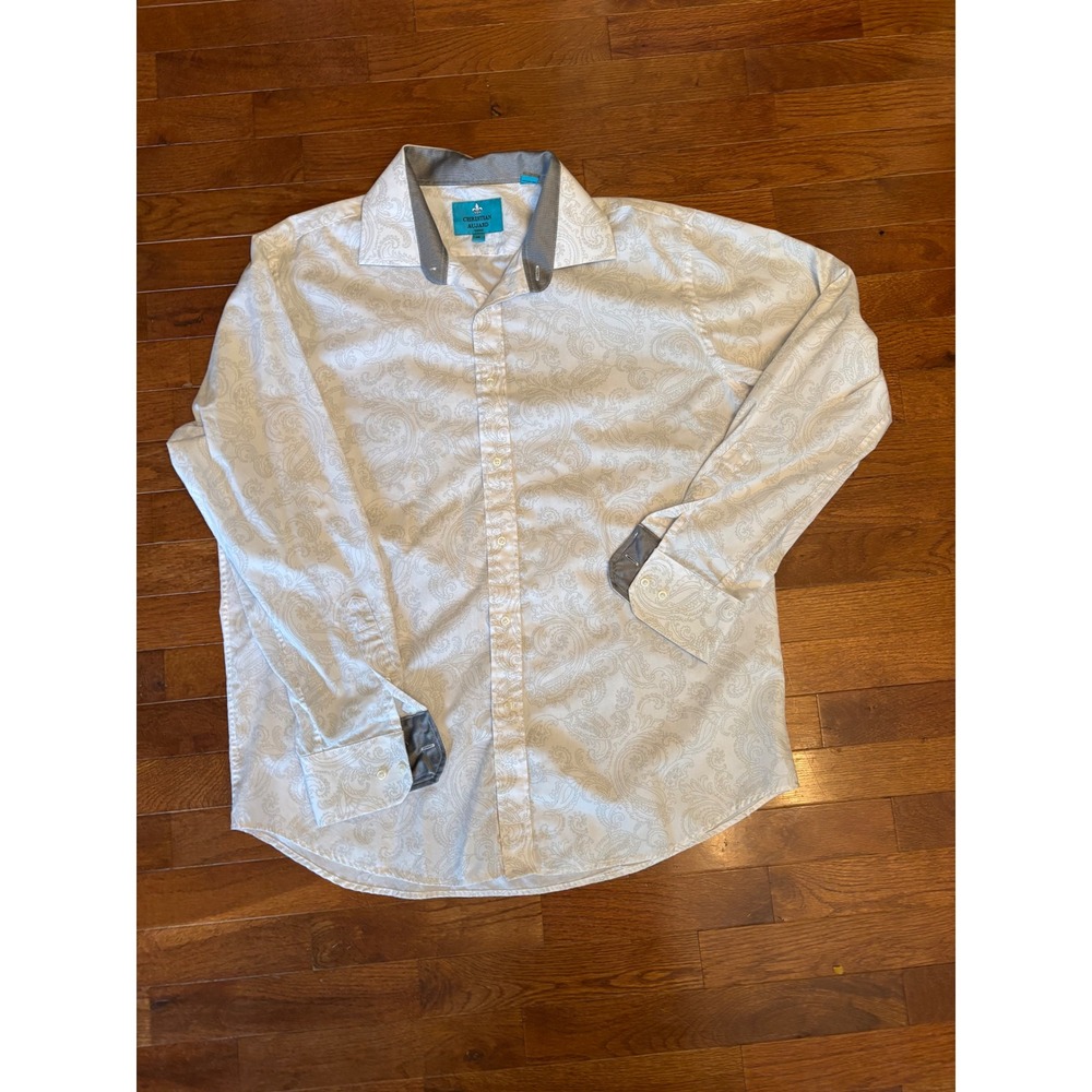 Christian Aujard Paris Mens XL White Grey Paisley Button Down Shirt Long Sleeve